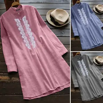 Moterų Nėriniai Stiching Palaidinė ZANZEA 2021 Elegantiškas Dryžuotas Marškinėliai Atsitiktinis ilgomis Rankovėmis Mygtuką Ilgai Viršų Moteriška Atvartas Tunika Plius Dydis