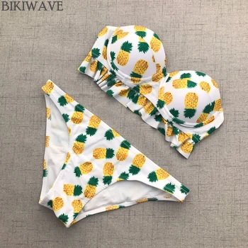 Ananasų spausdinti sweety bikini komplektas underwire push up bandeau maudymosi maudymosi mažas juosmens moterų plaukimo kostiumas
