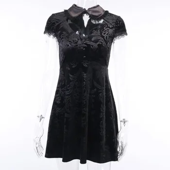 Yangelo Tamsiai Nėrinių Išpjovą Suknelė Moterų Juodo Aksomo Žiedlapis Rankovės Rudenį Aukšto Juosmens Streetwear Gothic Girl Suknelė Lėlės Apykaklės Moterys