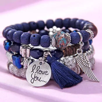 Boho papuošalai mėlyna natūralaus akmens karoliukai multi-layer apyrankės & bangles sparnus Širdies kutas pakabukas apyrankės apyrankės