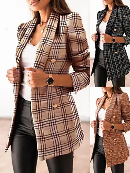 Lady kostiumas apykaklės švarkas švarkas atsitiktinis dvieiliai Pledas tinka kailis plonas Office moterų Elagant prašmatnus paltai pavasario 2021
