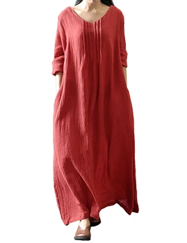 Rudenį Moterų Atsitiktinis Palaidų Plius dydis Suknelė Kieto V-Kaklo, ilgomis Rankovėmis Medvilnės Skalbiniai Retro Ilgas, Maxi Suknelė Negabaritinių Mados Drabužiai