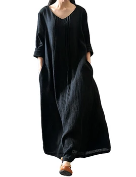 Rudenį Moterų Atsitiktinis Palaidų Plius dydis Suknelė Kieto V-Kaklo, ilgomis Rankovėmis Medvilnės Skalbiniai Retro Ilgas, Maxi Suknelė Negabaritinių Mados Drabužiai