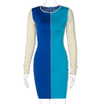 Mados Mėlyna Kratinys Moterų Mini Suknelė Su Sexy O-Kaklo Šalis Suknelė Juoda 2020 M. Rudens Žiemos Naujas Tvarstis Suknelė Ilgomis Rankovėmis G1909