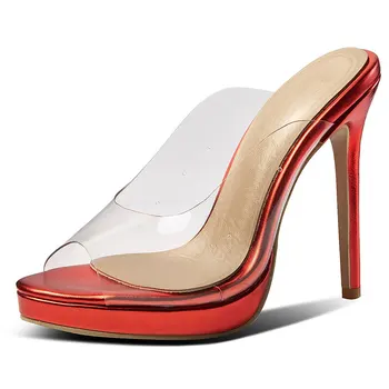 Sgesvier 2019 mados prekės ženklo moteris batai moterims seksualus ploni aukšti kulniukai peep toe Skaidrios Pvc vestuves mulų sandalai G427