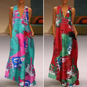 Stilingas Atspausdintas Maxi Suknelė Moterų Vasaros Sundress 2021 ZANZEA Atsitiktinis Rankovių Gėlių Vestidos Moterų V-Kaklo Skraiste, Negabaritinių