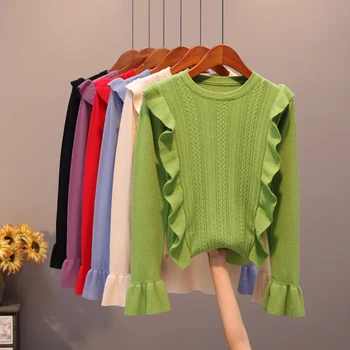 2019 m. Rudenį Raukiniai Džemperis Moterims Saldus Blyksnius Rankovėmis Slim žiemos megztinis (puloveris) O kaklo atsitiktinis moterų megztinis trikotažas viršūnės