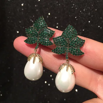 Mados baltas perlas su kubinis cirkonis žalias lapas lašas auskarai moterims