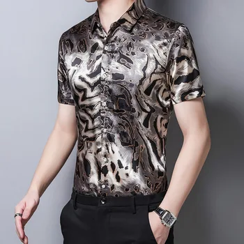 Leopardas Spausdinti Mens Satino, Šilko Marškinėliai Trumpomis Rankovėmis Plius Dydis Vasaros Suknelės 2020 M Stilingas Mens Drabužiai, Palaidinės Havajų Socialinės