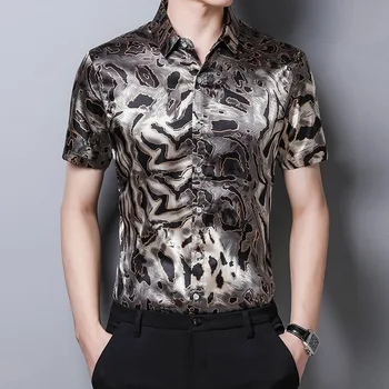 Leopardas Spausdinti Mens Satino, Šilko Marškinėliai Trumpomis Rankovėmis Plius Dydis Vasaros Suknelės 2020 M Stilingas Mens Drabužiai, Palaidinės Havajų Socialinės