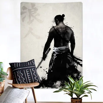 Japonų Samurajus Ronin pėstininkas su kardu Rašalo Gobelenas Modernios Sienos Nuotraukų Spausdinimo Kambarį Aukštos kokybės gobelenas namų puošybai