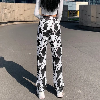Streetwear Juoda Balta Lopas Kaklaraištis Dažų Karvė Spausdinti Aukštos Juosmens Moterų Moterų Y2k Prakaito Kelnės Ilgos Tiesios Kelnės Capri Komplektai