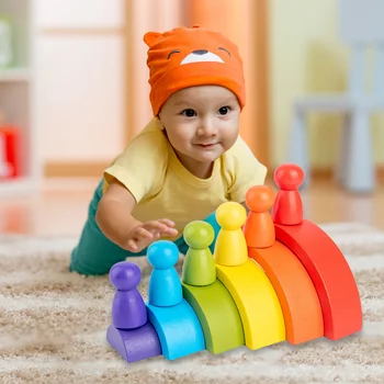 12pcs/Set Kūdikių Montessori Žaislai Vaivorykštės Spalvų Arch Pastatas, Blokinis, Medinės Žmogus Modelis Žaislai Įdomus Krūvas Plytų Vaikų Vaikai