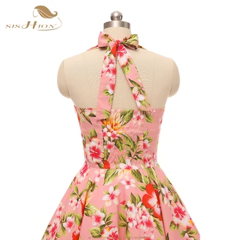 SISHION Rožinė Moterų Suknelė 2021 Gėlių Spausdinti Retro Vintage Drabužius, Seksualus Vasaros Sūpynės Pin up Atsitiktinis 50s Rockabilly Suknelės VD0745