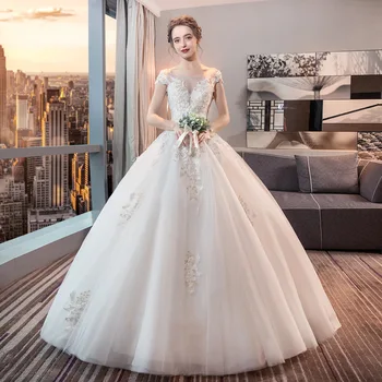 Elegantiškas Princesė Vestuvių Suknelės 2021 Naujas Nėrinių Aplikacijos Teismas Paprasta Grindų Ilgis Samtelis Kaklo Backless Vestuvinės Suknelės Su Sleeeves