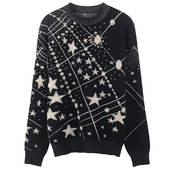 2018 M. Rudens Žiemos Elastiniai Megztiniai Puloveriai Retro Galaxy Star Modelio Megztinis Moterims Derliaus Ilgomis Rankovėmis Džemperis