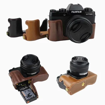 Nešiojamų PU Oda Atveju Fotoaparato Krepšys padengti Fuji Fujifilm XT100 X-T100 X T100 XT-100 Pusė Kūno Nustatyti Dangtelis su Baterija Atidarymas