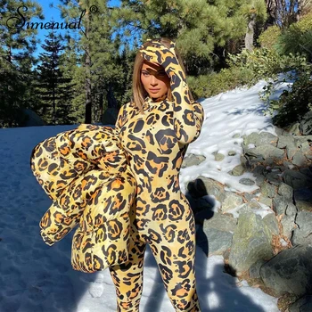 Simenual Leopard Bodycon Puffer Jacket Ir Jumpsuit Co-ord Rinkinius, Pirštinės Moterims ilgomis Rankovėmis Žiemos Atsitiktinis Karšto 2 Komplektus Gabalas