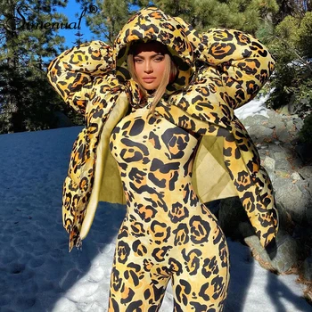 Simenual Leopard Bodycon Puffer Jacket Ir Jumpsuit Co-ord Rinkinius, Pirštinės Moterims ilgomis Rankovėmis Žiemos Atsitiktinis Karšto 2 Komplektus Gabalas