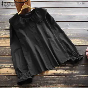 S-5XL ZANZEA Derliaus Moterų Palaidinė 2021 Atsitiktinis Rudenį Basic Marškinėliai Moteriška Sluoksniuotos Rankovėmis Atvartas, Elegantiškas, Kietas Blusa Femininas Viršūnės