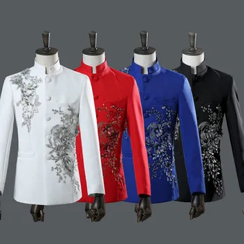 Vyrų Kinų Stiliaus Kostiumas Nustatyti Etape Lyderis Diamond 2 Gabalas Tinka Vyrams, Paltai, Kelnes Balta Mėlyna Raudona Kostiumai