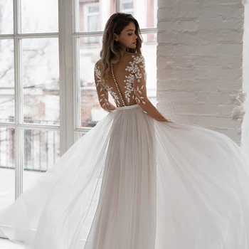 Paprastas Tiulio Vestuvių Suknelės 2021 Ritininės Aplikacijos Samtelis Kaklo Valymo Traukinio-line ilgomis Rankovėmis Vestuvinės Suknelės