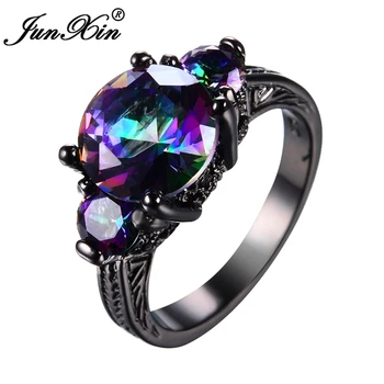 JUNXIN Mados Moterų Rainbow Ring Paslaptis Geometrinis Žiedas Juodojo Aukso Užpildytas Papuošalai Senovinių Vestuvių Žiedai Vyrams Ir Moterims