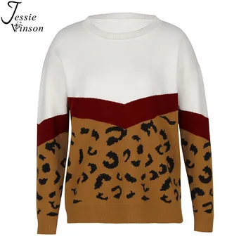 Jessie Vinson Leopard Kratinys Džemperis Moterims ilgomis Rankovėmis O-kaklo Megztinis Megztas Megztinis Rudenį, Žiemą Šilti moteriški Megztiniai