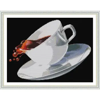 Džiaugsmas sekmadienį Kavos puodelio kryželiu rinkinių pardavimui, siuvinėjimo rinkinys atspausdinta drobė kryželiu 14CT DMC rankdarbiams 