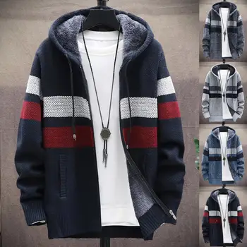 Vyrų Žiemos Hoodies Slim - Fit Long Sleeve Megztinių su Gobtuvu Megztinis Zip Pliušinis Spalvos Bloką Outwear Šiltas Kailis мужские пиджаки 2021