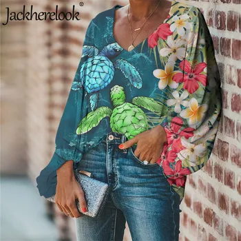 Jackherelook Plius Dydžio Palaidinė už Moterų Viršūnių Jūros Vėžlių Atogrąžų Hibiscus Plumeria Prekės ženklo Dizainas Harajuku Top Marškinėliai Blusas Mujer