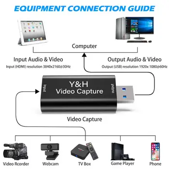 Y&H 4K Video Capture Card USB 2.0 HDMI Video Grabber Įrašyti Langelį PS4 Žaidimas DVD vaizdo Kamera HD Kamera, Įrašo Transliacija