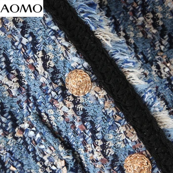 AOMO moterų mėlynos spalvos pledas švarkas kutas ilgomis rankovėmis elegantiška striukė ponios darbo dėvėti švarkas oficialius kostiumus SL61A