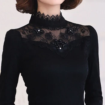Nėrinių Palaidinė Marškinėliai Moterims Kratinys Elegantiškas Ilgos Rankovės Siuvinėjimas Palaidinė Moteriška Rudens-Žiemos Korėjos Oficialių Ponios Office Marškinėliai