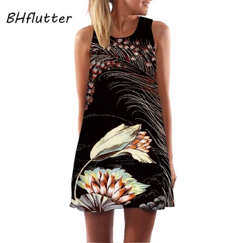 BHflutter Moterų Suknelė Vasaros Stiliaus 2018 Naujas Mados Gėlių Spausdinti Atsitiktinis Suknelė, O ant kaklo Trumpą Šifono Suknelę be Rankovių Paplūdimio Suknelė