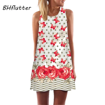 BHflutter Moterų Suknelė Vasaros Stiliaus 2018 Naujas Mados Gėlių Spausdinti Atsitiktinis Suknelė, O ant kaklo Trumpą Šifono Suknelę be Rankovių Paplūdimio Suknelė