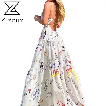 Z-ZOUX Moterų Suknelė be Rankovių Backless Spausdinti Spageti Dirželis Maxi Suknelės Sexy Ilgas Vasaros Suknelė Plius Dydis Ponios Suknelės 2020 m.