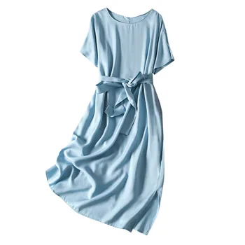 Šilko Medvilnės Suknelė Moterų Mulberry Šilko Mėlynos spalvos Sijonas su Juosmens Uždarymo ir Šviesos Brandaus Stiliaus trumpomis Rankovėmis-line Sijonas Vasarą