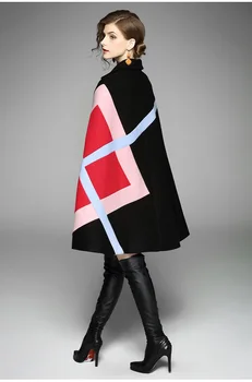 Naujas 2019 Mados Moterų Žiemos Striukė Geometrinis Modelis Batwing Rankovės Vilnonis Šiltas Apsiaustas Pončai Žaliojo Kailio Vilnos Mišiniai Viršutinių Drabužių Siuvimas