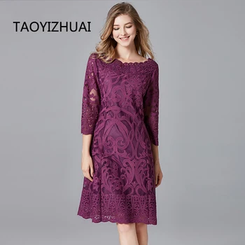TAOYIZHUAI Rudens, žiemos, Derliaus, kalėdų Violetinė Suknelė Plius Dydis L Siuvinėjimo Tuščiaviduriai savo Gamtos Juosmens Moterų Nėrinių Suknelė 14224