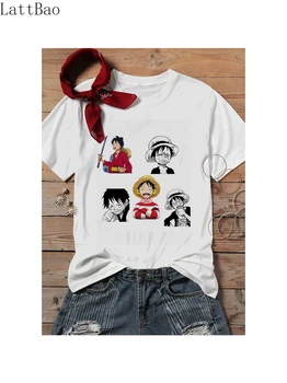 Naujas gabalas luffy lipdukas pack Marškinėliai moteris Japonų Anime Spausdinti Atsitiktinis T-marškinėliai, Unisex Juokingas Animacinių filmų Marškinėlius Hip-Hop Viršų