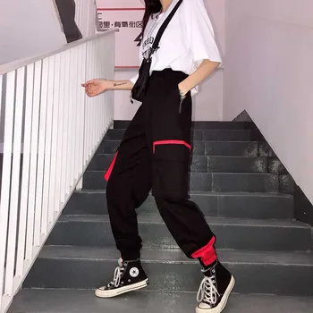 Harajuku Spliced Derliaus Didelis Kišenėje Krovinių Kelnės Moterims Prarasti Harajuku Haremo kelnės streetwear moterų Chalatas Hip-Hop sporto ziajać