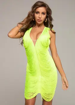 Viskozė Tvarstis Suknelė 2020 Moterys Vasarą Sexy V Kaklo Neoninė Žalia Kutas Dizaineris Elegantiškas Vakaras Šalis Suknelė Vestido