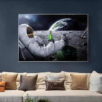 Drobė, Tapyba Kosminėje Erdvėje Astronautai Atsipalaiduoti Alaus Mėnulis Plakatai ir Spausdina Sienos Menas Nuotraukas Kambarį Namo Apdaila