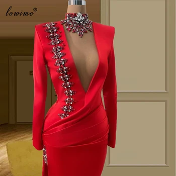 Pyszny Raudoni Ilgomis Rankovėmis Oficialią Vakaro Suknelės 2021 Dubajus Kristalai Garsenybių Suknelės, Vakariniai Drabužiai Vestido De Fiesta De Boda