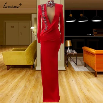 Pyszny Raudoni Ilgomis Rankovėmis Oficialią Vakaro Suknelės 2021 Dubajus Kristalai Garsenybių Suknelės, Vakariniai Drabužiai Vestido De Fiesta De Boda