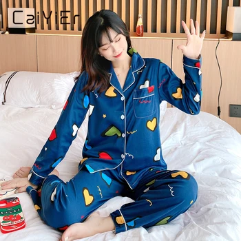 CAIYIER Žiemos Moterų Pižama Nustatyti Gražių Spausdinti ilgomis Rankovėmis Atsitiktinis naktiniai drabužiai Medvilnės Laisvalaikio Sleepwear Animacinių filmų Naktį Kostiumas Pyjama