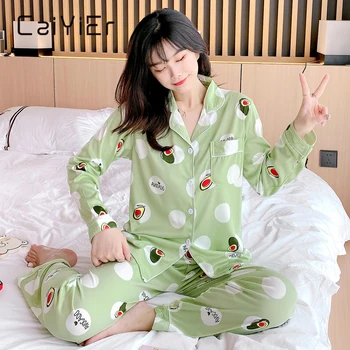 CAIYIER Žiemos Moterų Pižama Nustatyti Gražių Spausdinti ilgomis Rankovėmis Atsitiktinis naktiniai drabužiai Medvilnės Laisvalaikio Sleepwear Animacinių filmų Naktį Kostiumas Pyjama
