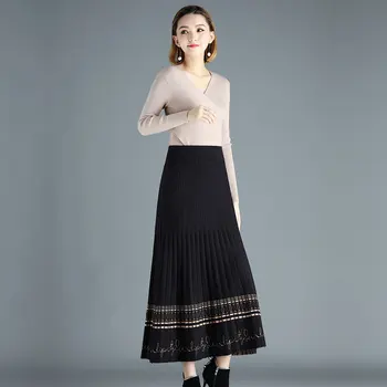 Juoda megzti sijonai kulkšnies ilgis jaunų moterų 2021 Mezgimo Aukšto Juosmens Ilgas Sijonas Ponios plisuotos Kinų tradicija Sijonas BSQ001