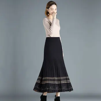 Juoda megzti sijonai kulkšnies ilgis jaunų moterų 2021 Mezgimo Aukšto Juosmens Ilgas Sijonas Ponios plisuotos Kinų tradicija Sijonas BSQ001